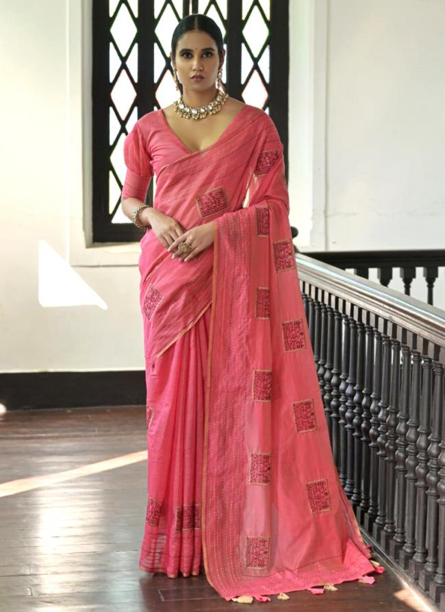 Tussar Silk Pink Traditional Wear Thread Work Saree